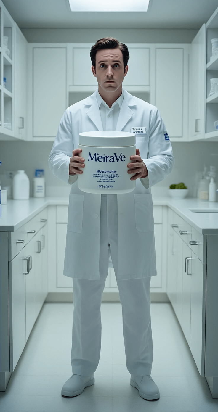 A model in a white lab coat and pristine shirt holds an oversized CeraVe moisturizer in a bright, clinical kitchen, featuring a name tag reading 'Michael CeraVe', blending humor with meticulous costume design.