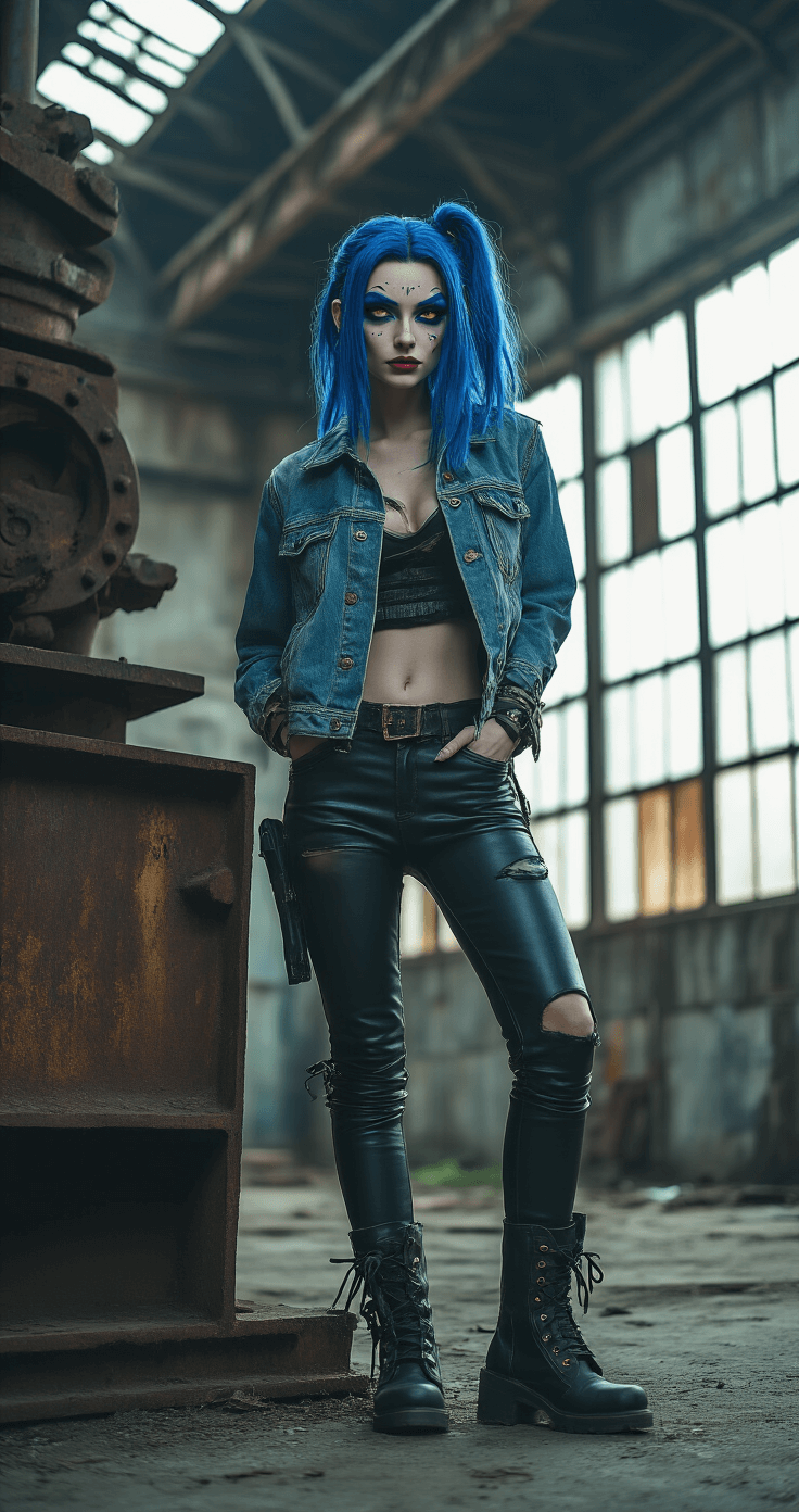 Fashion editorial portrait of a model as Jinx, in an abandoned warehouse, wearing a distressed denim jacket and leather pants, with vibrant blue eyebrows and smoky purple eye makeup. Dramatic side lighting emphasizes facial contours against a muted industrial backdrop of grays and rust tones. Low angle shot captures the character's rebellious spirit.