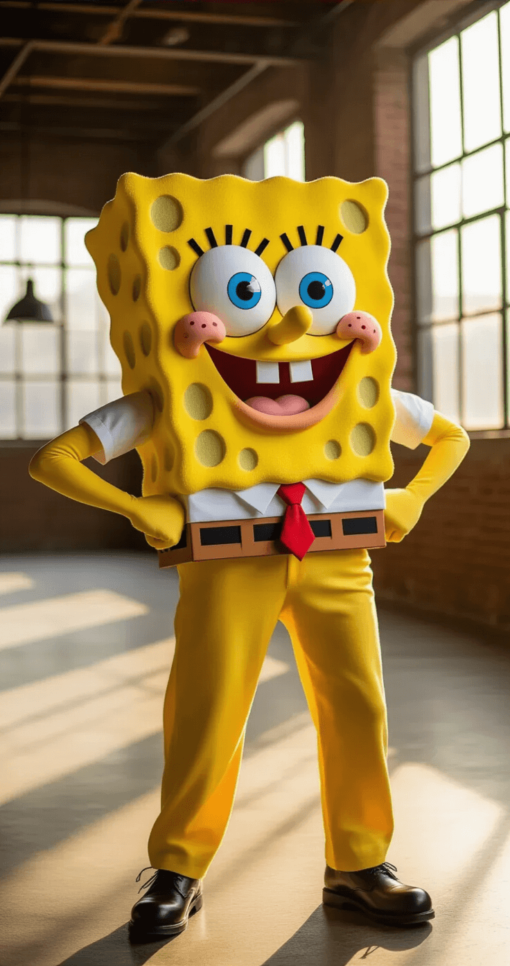 A person in a trendy SpongeBob SquarePants costume strikes a dynamic pose in a modern loft with large windows, bathed in warm, golden afternoon light, showcasing playful styling and subtle themed makeup.
