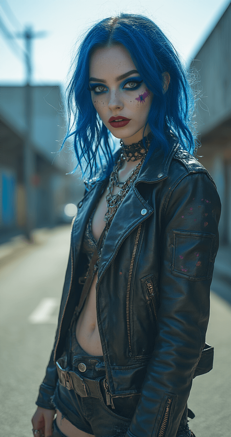 Cosplay model as Jinx stands at an urban intersection, wearing a distressed leather jacket and layered accessories. The scene features dramatic makeup with royal blue eyebrows and exaggerated wing eyeliner, illuminated by late afternoon golden hour lighting that creates striking shadows. The wide-angle shot captures the gritty industrial backdrop and intricate makeup details, with cool blue and purple tones in the color grading.