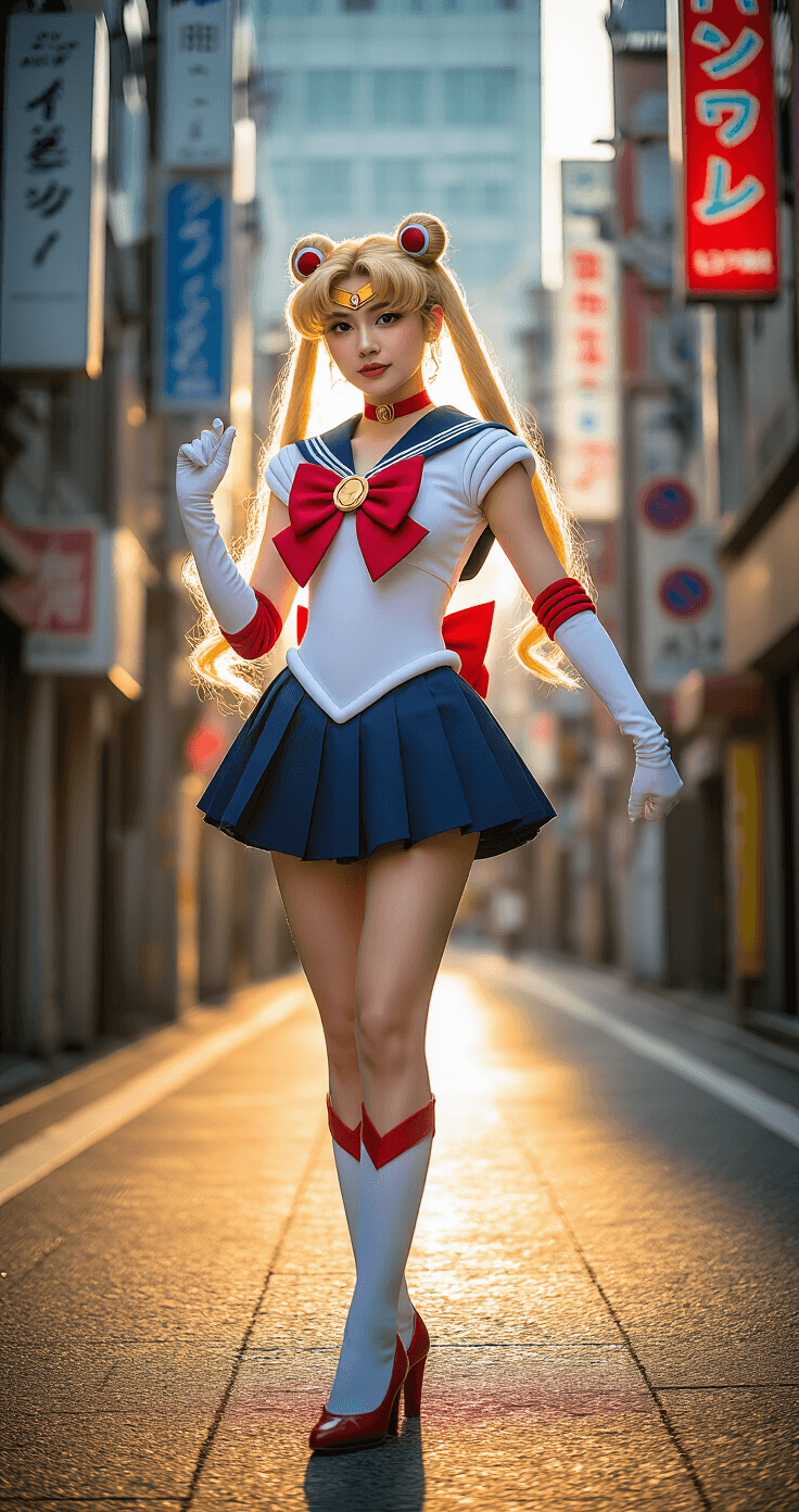 A young woman in a vibrant Sailor Moon cosplay stands confidently on a Tokyo-inspired street corner, wearing a tailored white and navy sailor uniform with a red bow, her styled blonde wig in signature buns. The golden hour sunlight casts dramatic shadows against modern Japanese architecture and neon signs.