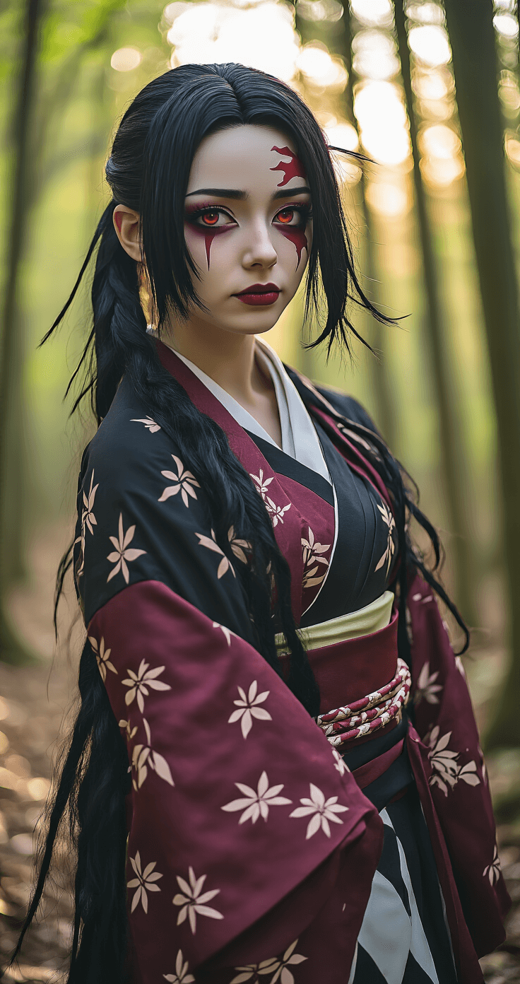 A woman in an authentic Nezuko Kamado cosplay stands in a moody forest, featuring dramatic backlighting. Her costume showcases bamboo-textured fabric in deep burgundy and black, with intricate details. She has a styled black wig and dramatic makeup, capturing her fierce character. The scene blends natural forest textures with dynamic posing.