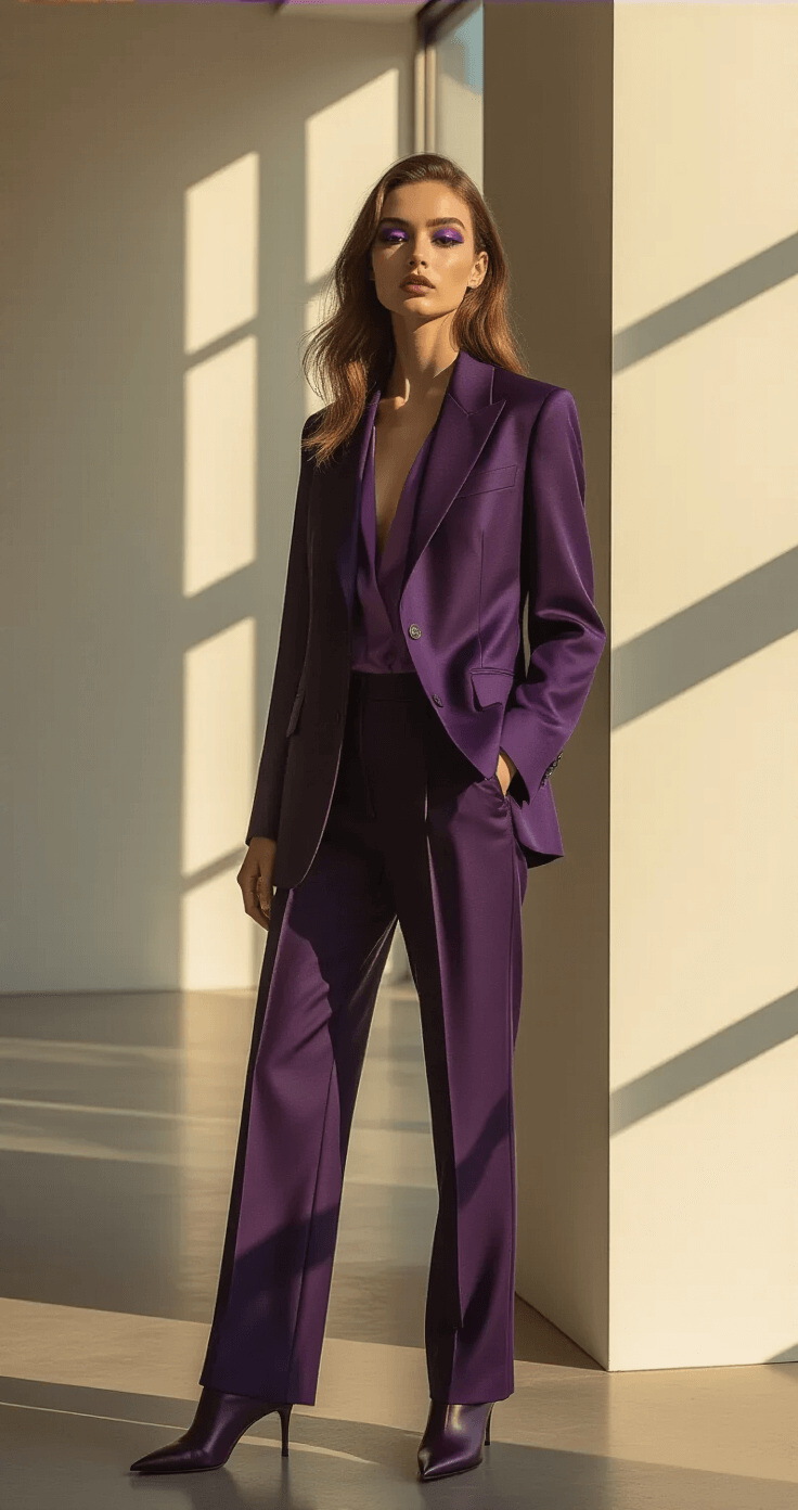 A professional model in an elegant violet ensemble poses against a minimalist urban studio backdrop, illuminated by golden hour lighting. She wears a structured wool blazer with satin mauve undertones, sharp tailored trousers in deep aubergine, and sleek leather ankle boots. Dramatic purple eyeshadow enhances her angular facial features, while soft natural light from floor-to-ceiling windows creates refined shadows, captured in a shallow depth of field.