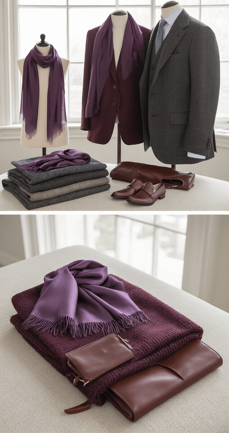 Intimate wardrobe styling scene showcasing organized high-end fashion pieces, illuminated by natural light. Features silk scarves in muted purple, wool blazers in charcoal and burgundy, and leather accessories on a neutral textured surface, emphasizing texture and color harmony.