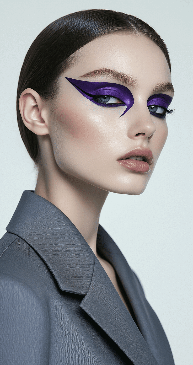 A model with avant-garde makeup featuring geometric deep purple eyeshadow, wearing a structured cool gray outfit, poses in a luxurious minimal studio with dramatic side lighting and a white seamless backdrop.