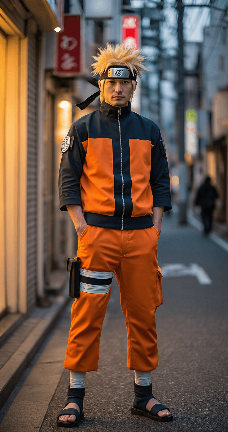 A male cosplayer dressed as Naruto Uzumaki stands confidently at a Tokyo street corner during golden hour, showcasing a detailed orange jumpsuit, black ninja headband, and a spiky blonde wig, bathed in warm light that highlights the costume's textures and energy.