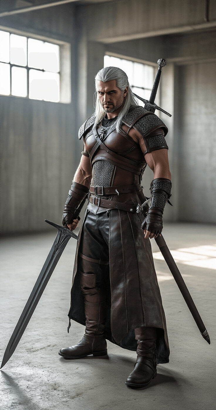 A muscular male model dressed as Geralt of Rivia from The Witcher poses in a minimalist industrial studio, showcasing detailed leather armor and a weathered silver-white wig, while holding an intricate sword prop under dramatic side lighting that highlights the costume's textures and shadows.