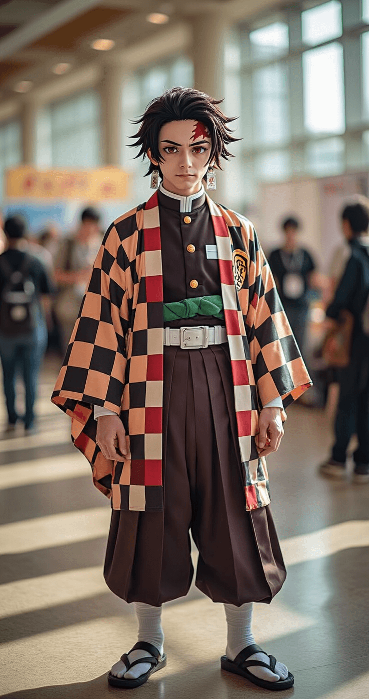 A young male cosplayer dressed as Tanjiro Kamado from Demon Slayer stands in a vibrant anime convention interior, wearing a detailed checkered haori jacket over traditional clothing. The soft natural light highlights the authentic fabric textures, while a blurred backdrop features other cosplayers, capturing the lively atmosphere.