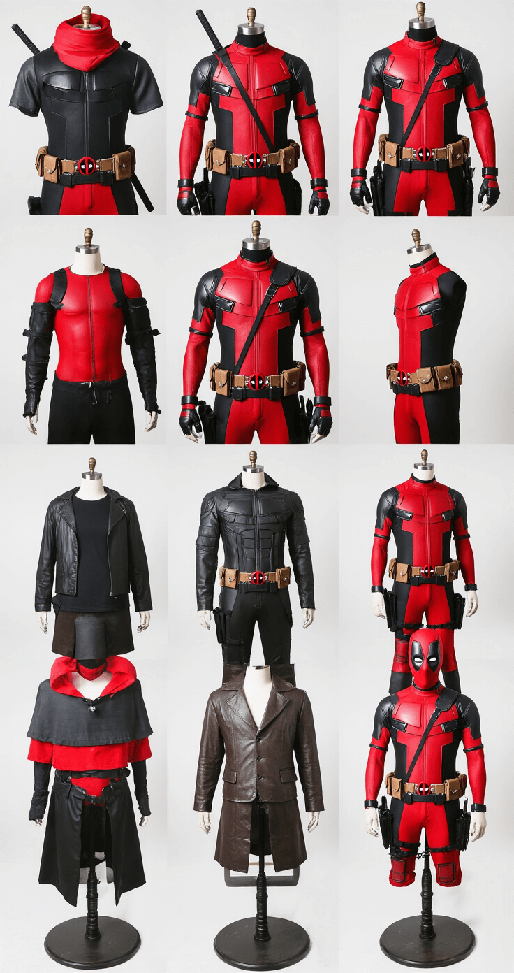 A meticulously arranged indoor studio setup displays a male cosplay transformation, featuring various stages of a Deadpool costume on vintage dress forms, from simple layered red and black attire to a complete masked ensemble, enhanced by professional lighting that casts dramatic shadows and highlights the intricate craftsmanship of the costumes.