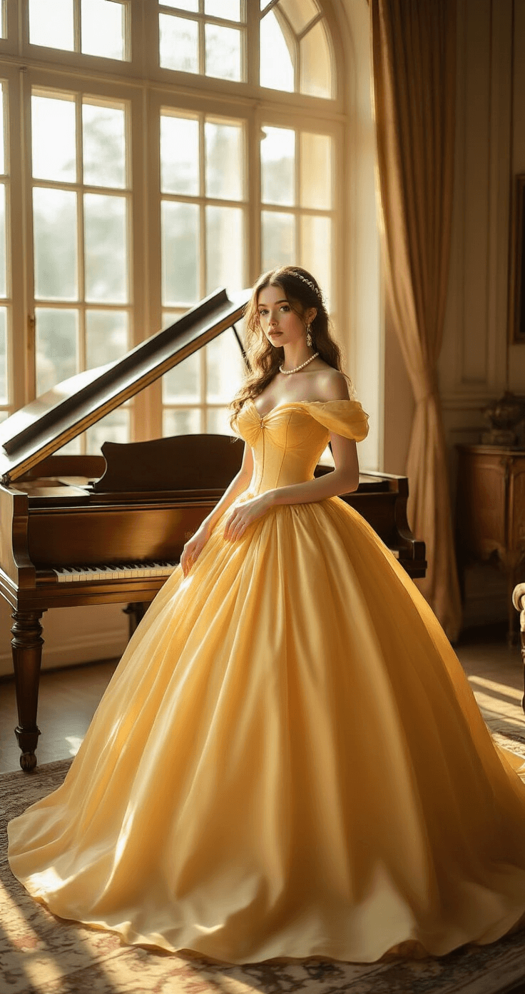 A 25-year-old model in a golden yellow Belle-inspired ball gown poses gracefully near a vintage grand piano in a lavish Victorian-style living room, illuminated by warm golden hour light. She wears delicate pearl accessories, has soft makeup, and her hair is styled in loose romantic waves. The low side angle highlights the gown's silhouette and her elegant posture.