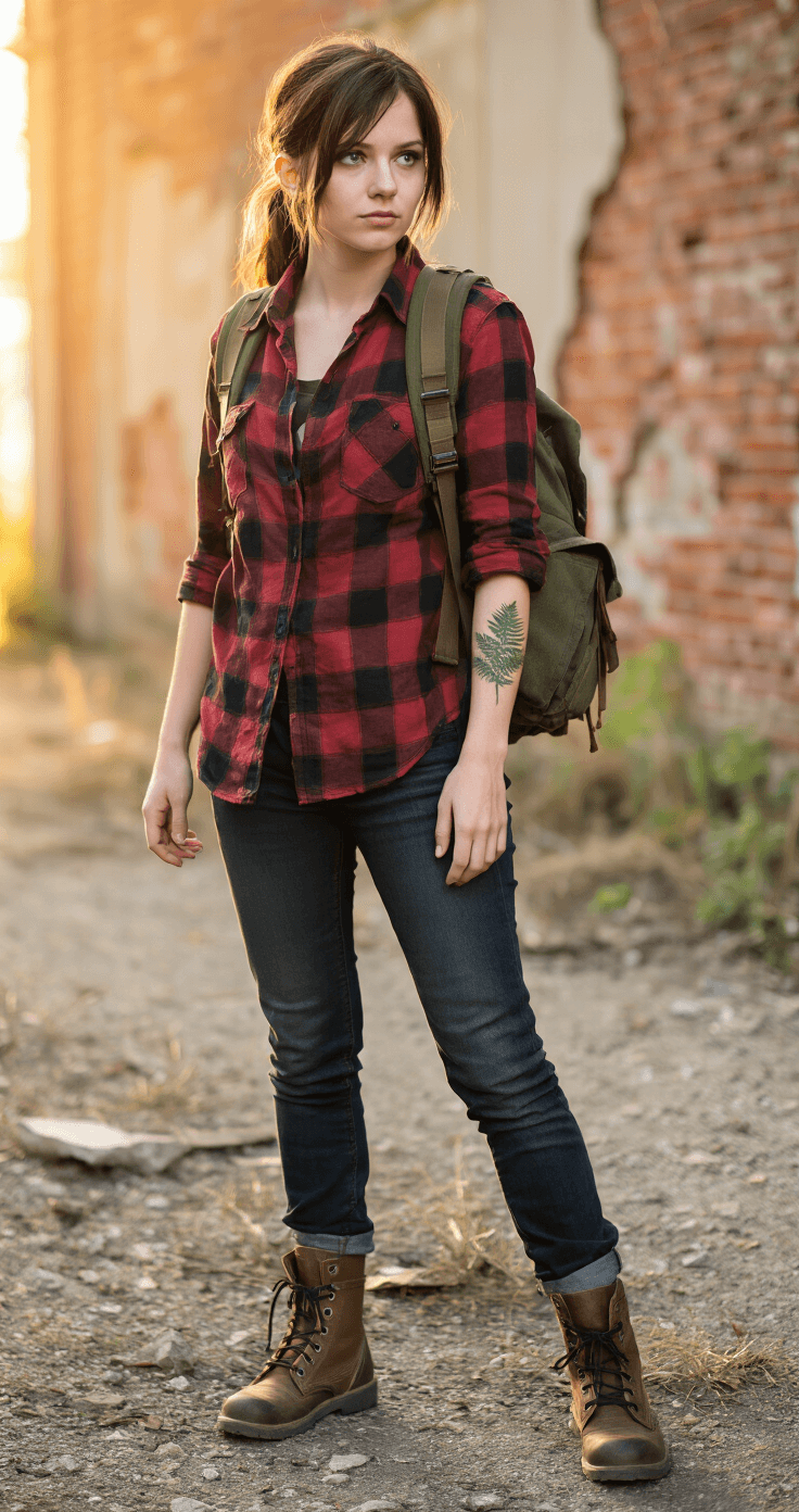 A young woman cosplaying Ellie Williams from The Last of Us stands in an abandoned urban setting, bathed in soft golden hour light. She wears a worn red and black flannel shirt, dark blue jeans, and brown combat boots, with a green canvas backpack over her shoulder. Her medium brown hair is in a messy side ponytail, and a fern tattoo adorns her right forearm as she appears contemplative against a crumbling brick wall backdrop.