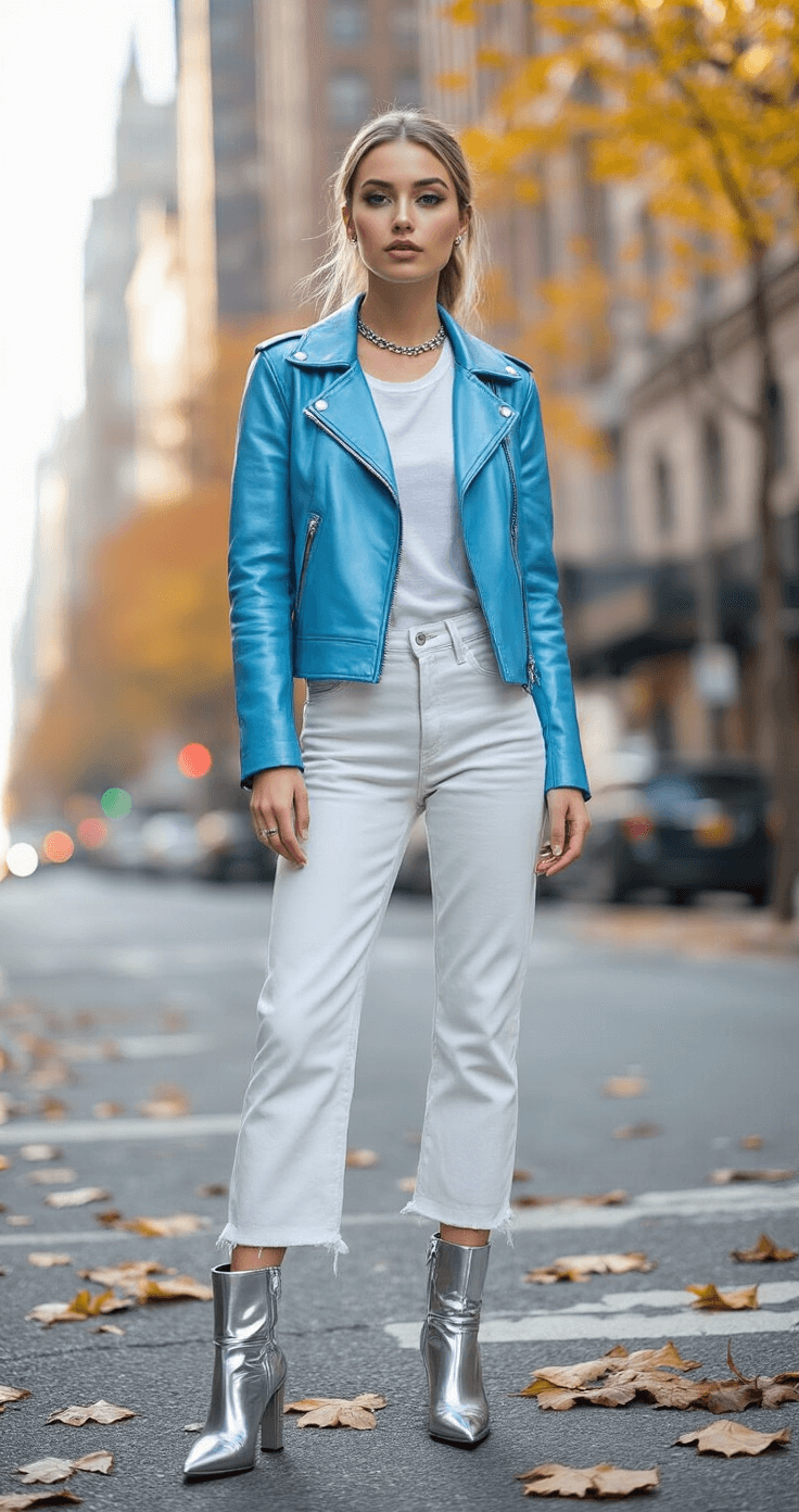 A 22-year-old woman in an icy blue leather jacket and white high-waisted pants stands on a chic New York City street corner, surrounded by autumn leaves. She wears silver metallic ankle boots and minimalist silver jewelry, with her sleek hair pulled back, while soft diffused sunlight enhances the cool-toned color palette against a backdrop of soft architectural lines.