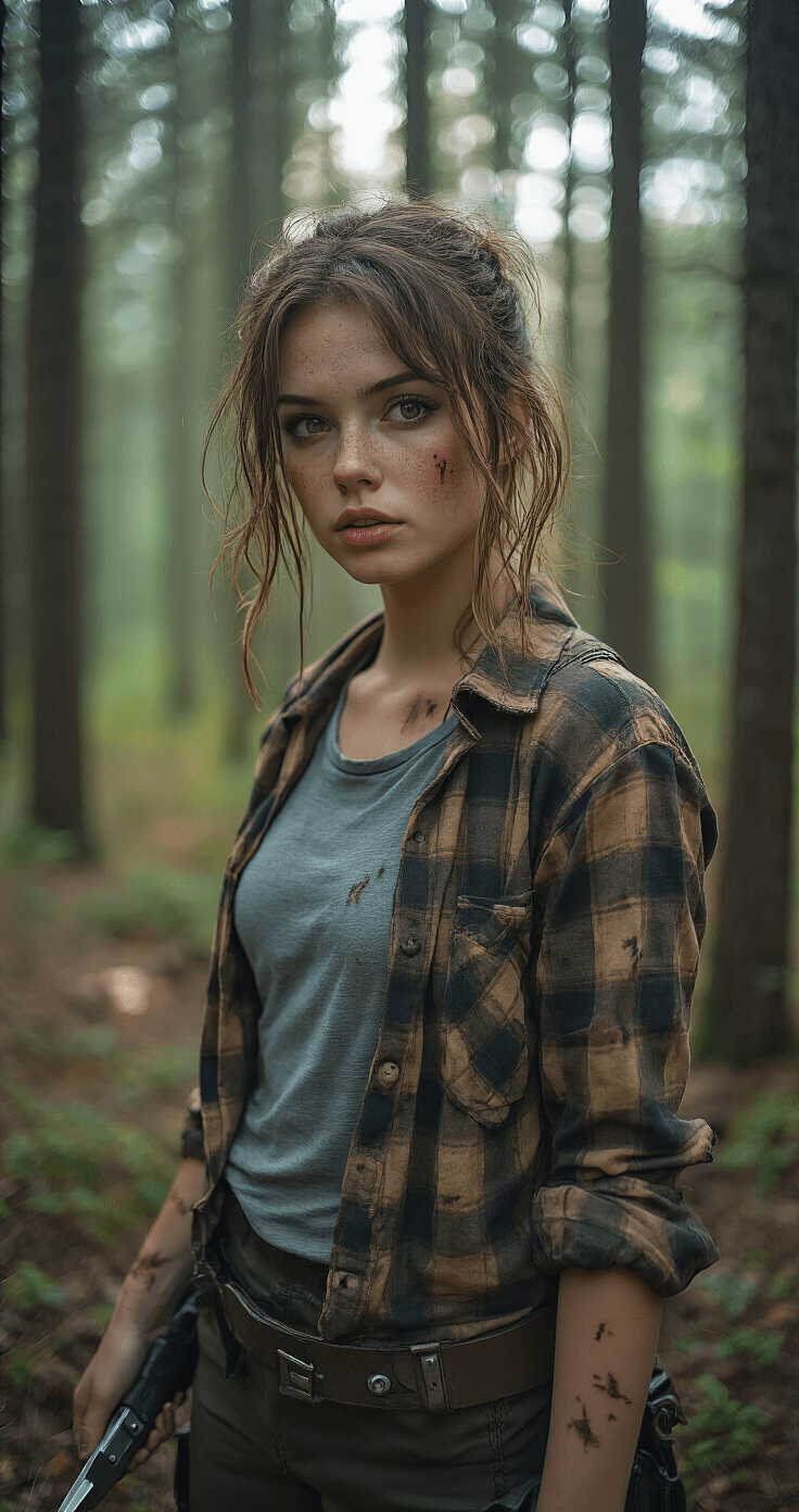A model cosplaying as Ellie Williams stands in a post-apocalyptic forest, wearing distressed clothing with a gray shirt and weathered flannel. She holds a replica switchblade and has minimal makeup with freckles, as soft natural light filters through the pine trees, accentuating her costume's textured details.