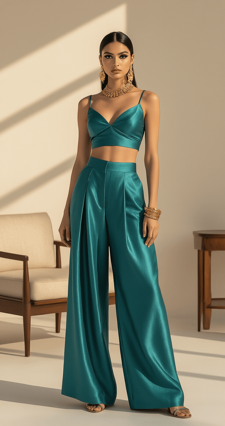 A 26-year-old model poses in a fashion-forward Jasmine-inspired evening outfit featuring a modern teal crop top and high-waisted wide-leg palazzo pants, set against a minimalist studio backdrop. Dramatic side lighting enhances bold shadows on luxe silk fabrics with a subtle metallic sheen. The look is completed with statement gold jewelry, dramatic eye makeup, and a sleek low bun, with mid-century modern furniture visible in the background.