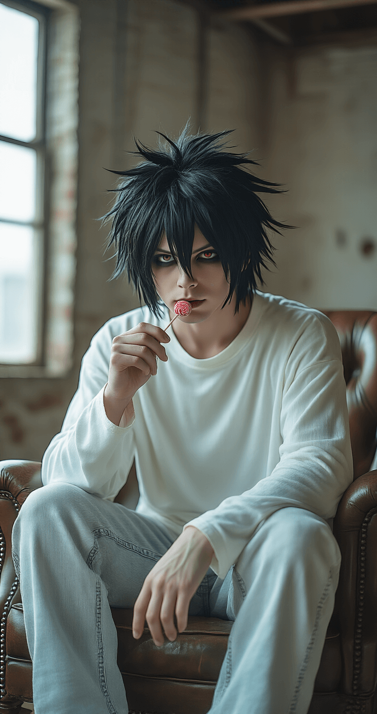 A cosplayer portraying L from Death Note sits in a vintage leather armchair, crouched in his signature pose. He wears an oversized white thermal shirt and light-wash baggy jeans, with dramatic afternoon light casting shadows around him. His messy black wig and dark under-eye makeup complement the neutral color palette, while he holds a half-eaten lollipop between his fingers.
