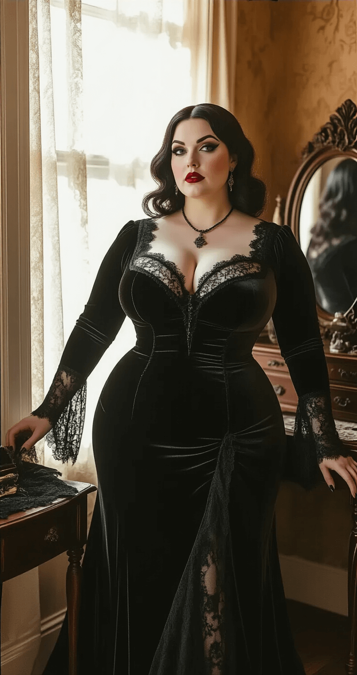 A plus-size woman poses confidently in a vintage bedroom, wearing a tailored Morticia Addams costume featuring a deep black velvet dress with lace detailing, complemented by pale makeup and dramatic red lips. Soft window light casts moody shadows, while a vintage vanity mirror reflects her stylish look amidst layered textures of silk, velvet, and lace.
