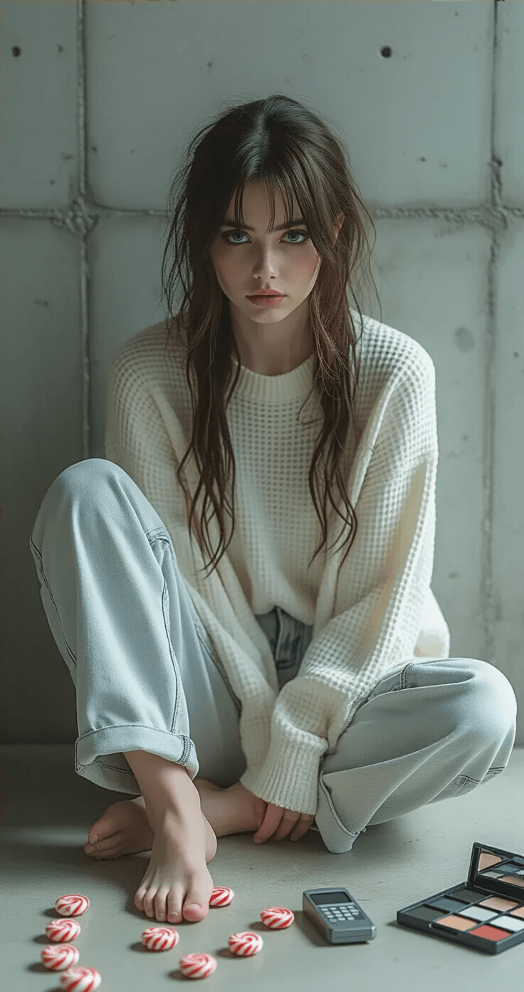 Female cosplayer embodying L, seated in a minimalist concrete studio, wearing an oversized white waffle-knit shirt and light-wash baggy jeans, barefoot. Dramatic side lighting casts stark shadows on her hunched posture and intense gaze. Nearby, a collection of lollipops and a vintage flip phone, with a soft gray makeup palette showing smudged taupe eye circles, reflecting the exhausted detective energy.