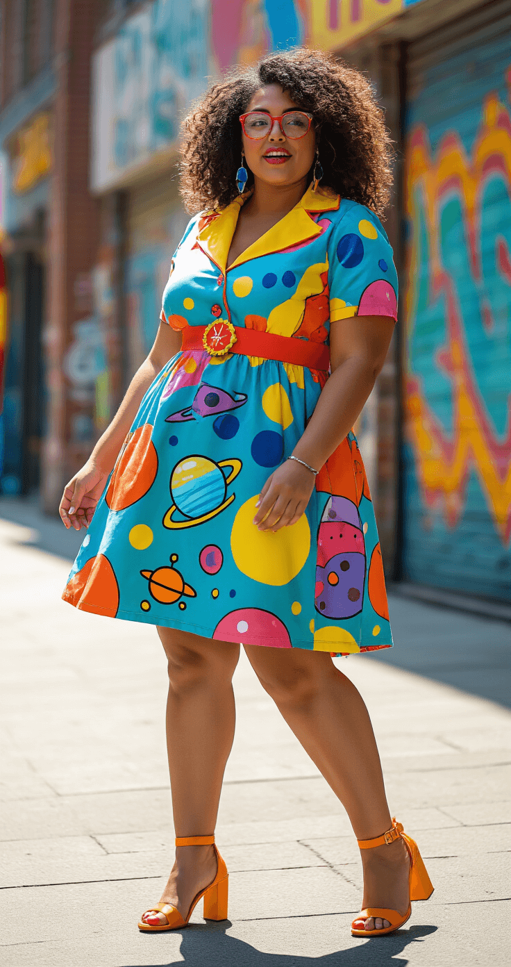 A joyful plus-size woman wearing a vibrant, science-themed midi dress inspired by Ms. Frizzle, accessorized with quirky science-themed items, poses playfully in an urban setting with colorful street art, captured in natural midday sunlight.