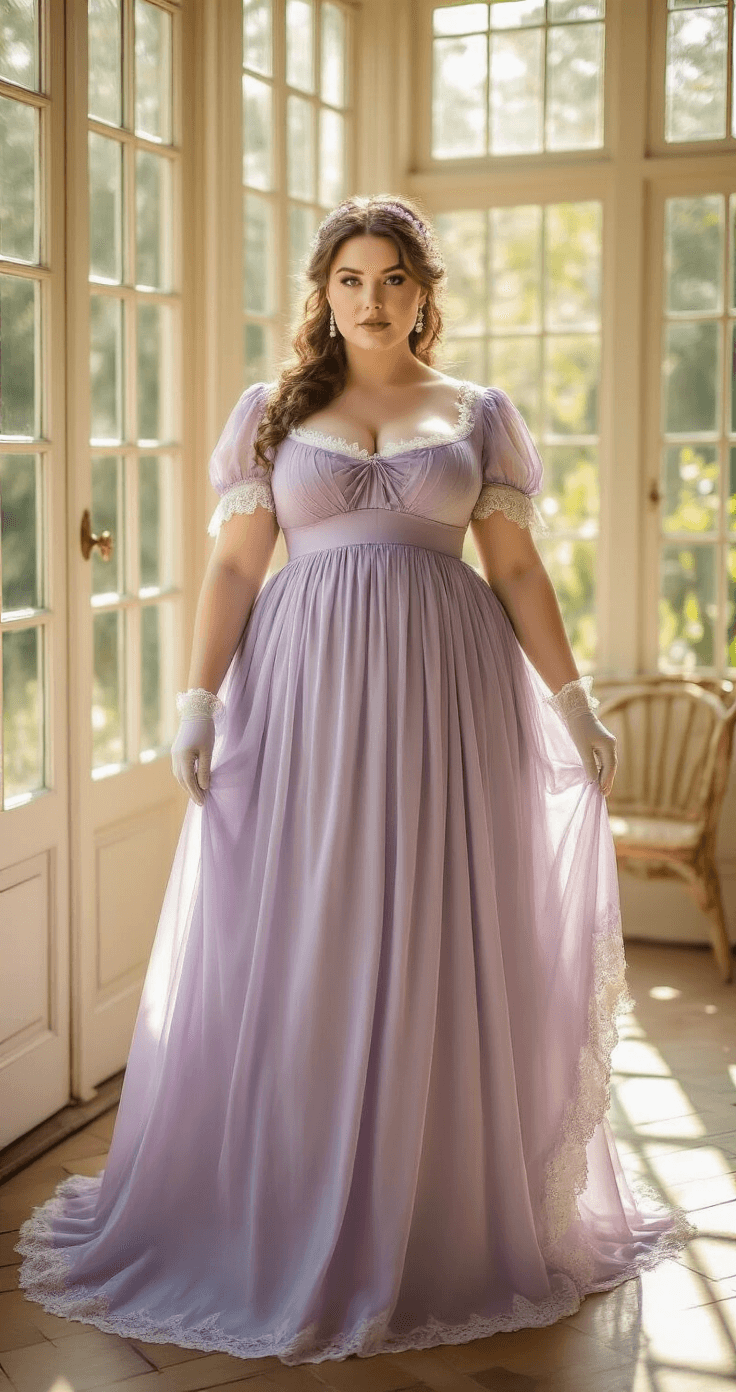 A plus-size model in a lavender empire waist regency dress with lace trim poses in a sunlit conservatory, showcasing a flowing silhouette and romantic styling, accented by a pearl hairpiece and delicate gloves.