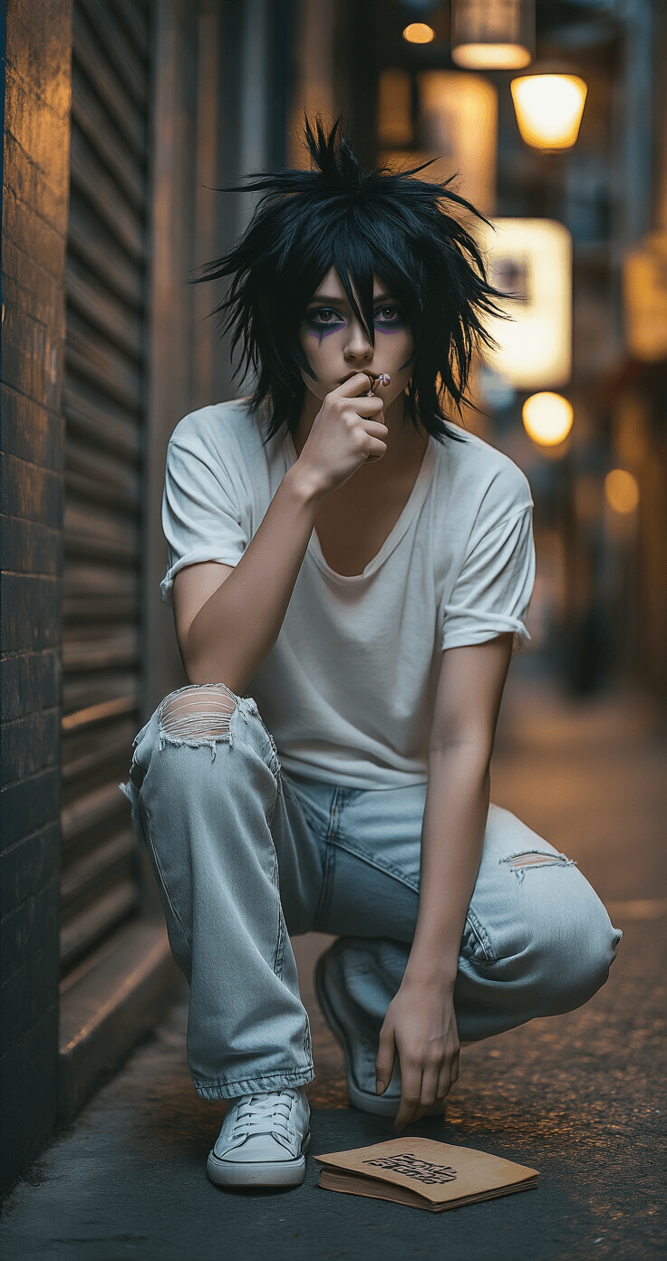 A dimly lit urban street corner during golden hour features an L cosplayer in distressed light-wash jeans and a rumpled white thermal shirt, crouching with an analytical expression, thumb near lips. The scene is illuminated by soft ambient streetlamp light, enhancing the character's sleep-deprived detective aesthetic, complemented by subtle purple-gray under-eye makeup. A half-eaten lollipop and a vintage notebook are positioned nearby, adding to the iconic look.