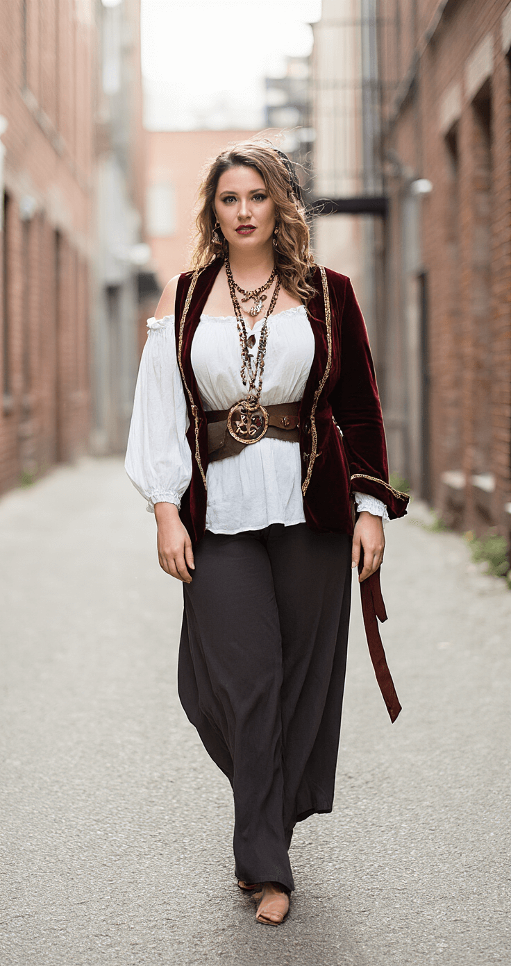 A plus-size woman poses in a DIY pirate costume, featuring an off-shoulder white peasant blouse, fitted velvet blazer, and dark wide-leg pants, set against an urban warehouse backdrop with soft lighting and dramatic accessories, highlighting creative, body-positive styling.