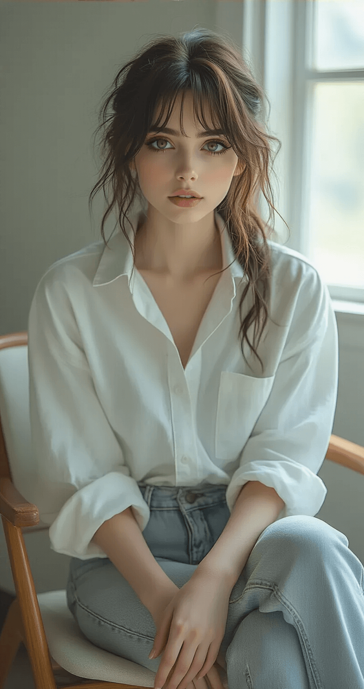 A female cosplayer dressed as L in an oversized white shirt and light-wash jeans sits in an unconventional pose on a minimalist chair, illuminated by soft natural light. Her taupe and gray eye makeup enhances her character portrayal as she holds a lollipop with precision, surrounded by a muted palette of whites, grays, and soft blues.