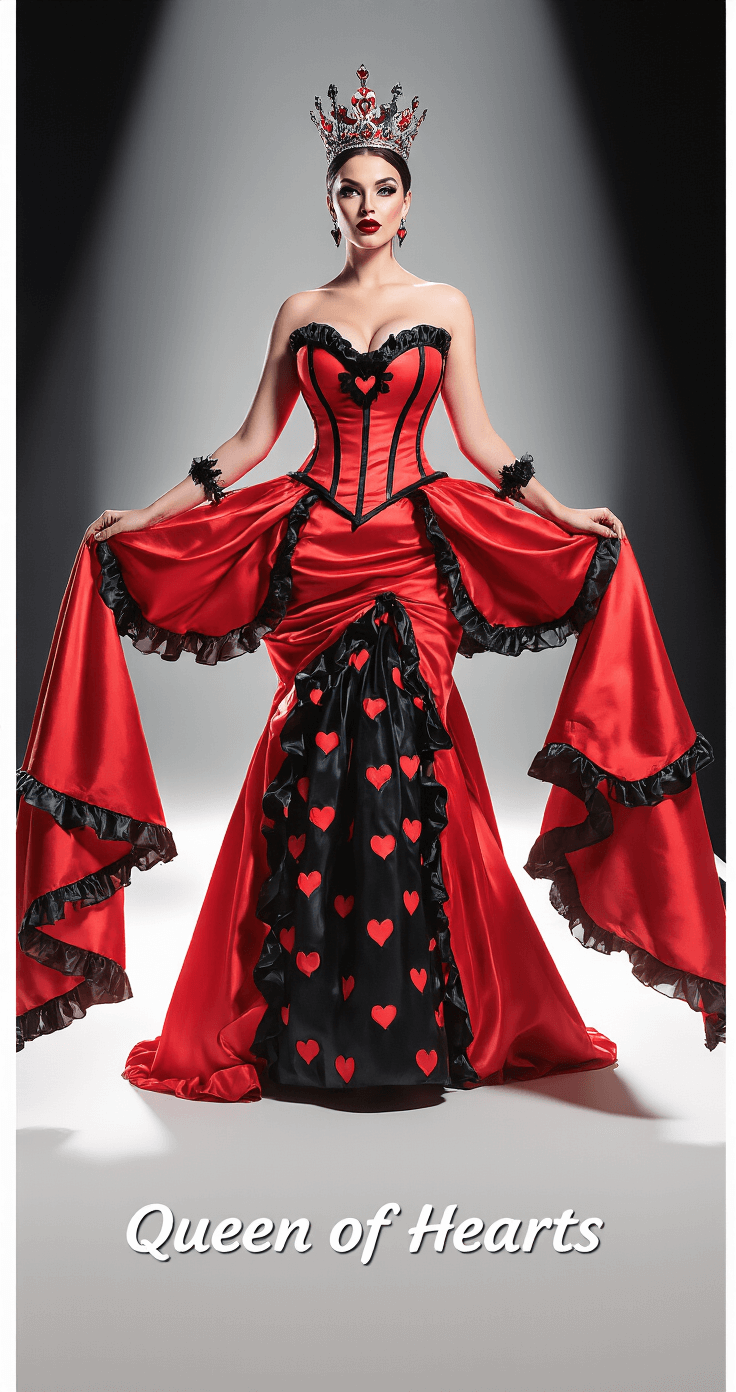 Plus-size model in a glamorous Queen of Hearts costume featuring a structured red and black ball gown with heart-themed detailing, posed in a dramatic studio setting with bold shadows, elaborate crown, and striking makeup.