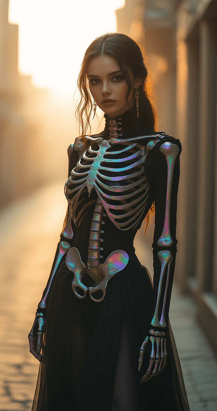 A female model poses dramatically in a photorealistic fashion editorial scene, wearing an intricate skeleton costume with iridescent bone details. The misty urban street corner during golden hour sunset bathed in soft warm lighting casts ethereal shadows, highlighting the costume's textures and metallic accents in high resolution.