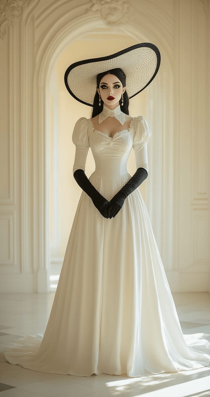 A cosplayer dressed as Lady Dimitrescu stands elegantly in a vintage 1950s-inspired white room, bathed in soft golden hour light. Captured from a low angle, her towering height is accentuated, showcasing her intricate white dress, long black opera gloves, and wide-brimmed hat with delicate netting. Her pale, dramatic makeup enhances the gothic elegance of the scene, with soft shadows highlighting the costume's details against a neutral color palette.