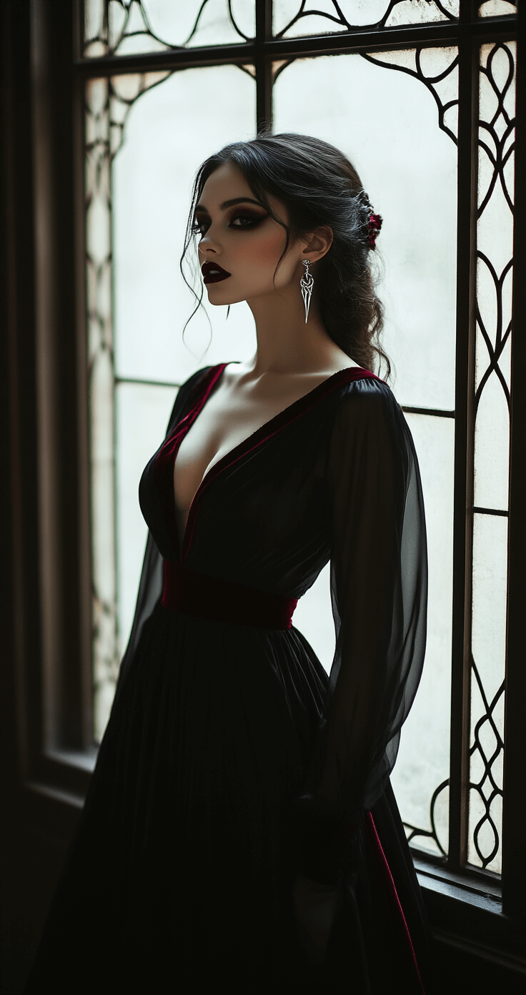 A model in a flowing black silk dress with burgundy velvet trim stands near a vintage art deco window, showcasing dark makeup and deep red lips, with silver fang-shaped earrings, dramatic side lighting, and soft ambient light creating mysterious shadows and a cinematic silhouette.