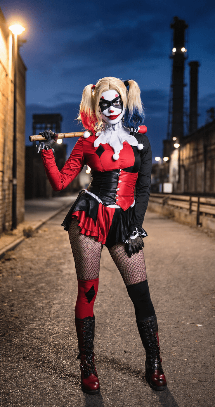 A dynamic Harley Quinn cosplayer in a red and black jester costume poses against a gritty industrial backdrop at twilight, with dramatic white face makeup and a black eye mask. She casually holds an oversized comedy mallet, illuminated by a streetlamp that casts dramatic side lighting, capturing her playful yet dangerous energy amidst slightly windblown hair featuring blonde and red tips.