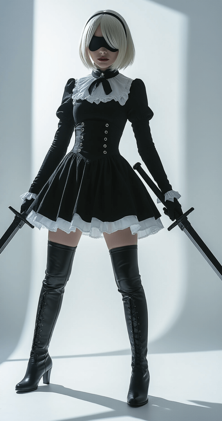 A full-body shot of 2B from Nier Automata in a minimalist white studio, featuring her gothic lolita-inspired black dress with white accents, thigh-high boots, and signature blindfold. The scene is dramatically lit with side lighting, highlighting sharp shadows and the costume's geometric lines, with dual swords arranged artistically nearby.