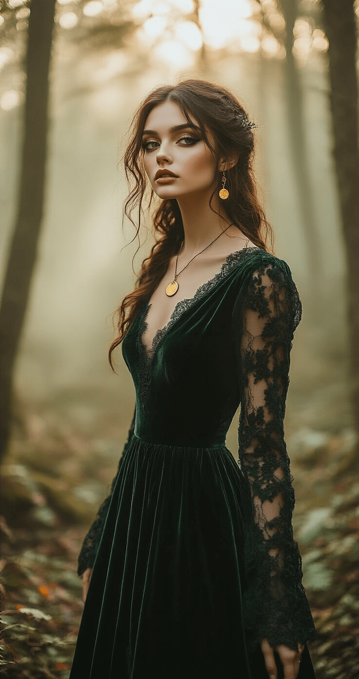 A model in a dark green velvet midi dress with lace sleeves stands in an enchanted forest, illuminated by soft morning light, wearing a gold moon pendant and smoky eye makeup amidst a natural backdrop of green and amber tones.