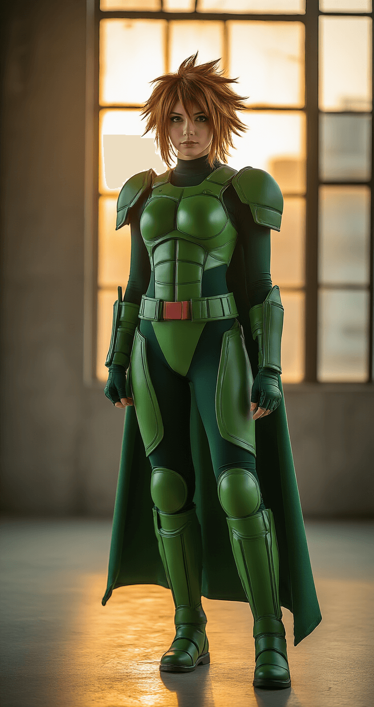 A female model in a hyper-realistic green Deku hero costume poses in a modern urban studio with golden hour lighting, showcasing intricate foam armor details and textured spandex fabric. The image captures a full-body shot with a determined stance and detailed wig styling resembling messy anime floof, shot in high resolution with a shallow depth of field.