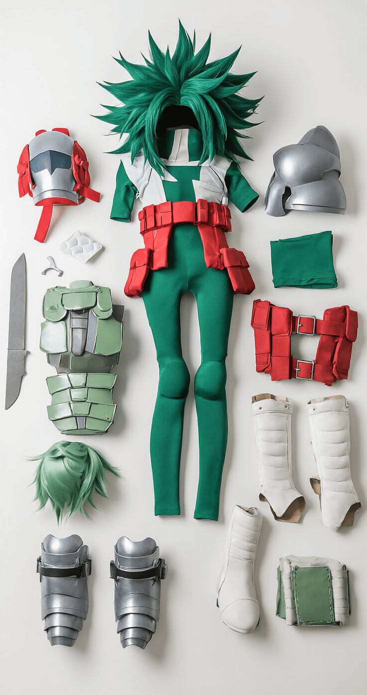 Stylized flat lay of a Deku cosplay preparation scene, featuring a green spandex jumpsuit, EVA foam armor pieces in various stages of construction, a red utility belt with silver buckle, white boots with foam overlays, and a green layered wig on a stand, all arranged on a minimalist white surface with soft diffused lighting showcasing the textures and materials involved in the crafting process.