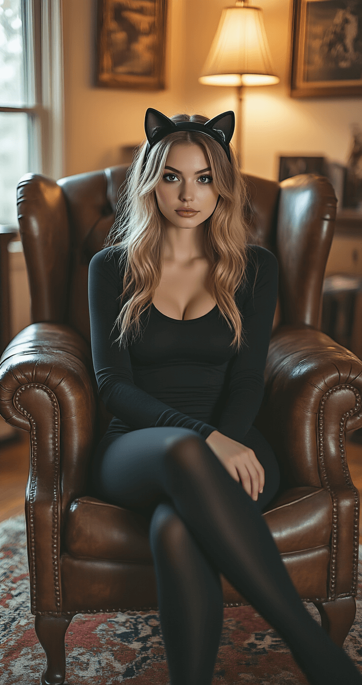 A cozy living room featuring a vintage leather armchair, with a casually styled model showcasing a budget-friendly Catwoman costume made from black leggings, a long-sleeve shirt, and a cat ear headband, set against a warm ambient light.