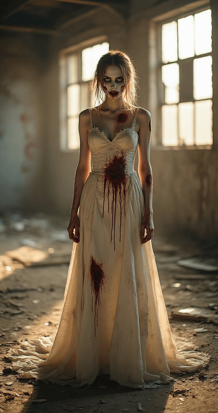 A female model in a distressed zombie costume, wearing a tattered wedding dress with blood splatters, poses dramatically in an abandoned warehouse. Soft golden hour light filters through broken windows, highlighting deep shadows and enhancing the texture of her makeup and torn fabric.