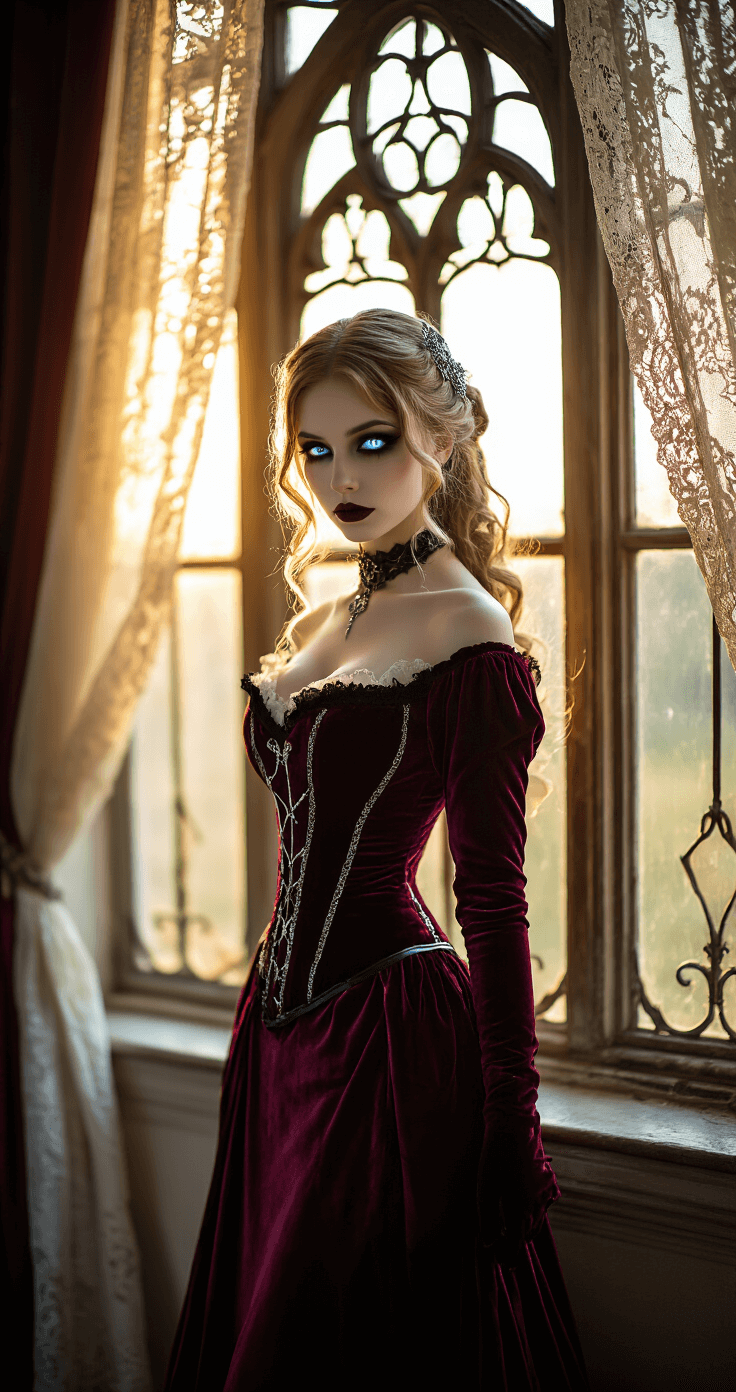 A pale-skinned female vampire cosplayer in a deep burgundy Victorian-era velvet corset dress stands dramatically by an ornate gothic window, with soft golden hour sunlight filtering through lace curtains. Her ice blue contact lenses and elegant vintage waves enhance her striking appearance, while delicate silver filigree jewelry glimmers in the light.