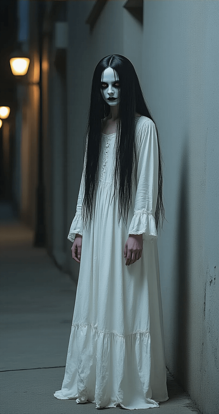 A model dressed as a haunting Samara-inspired character stands on an urban street corner, wearing a distressed vintage white nightgown and a long black wig partially obscuring her face. Pale makeup enhances her ethereal appearance against a muted gray backdrop, illuminated by soft evening streetlamp light that casts dramatic shadows, blending fashion with a horror aesthetic.