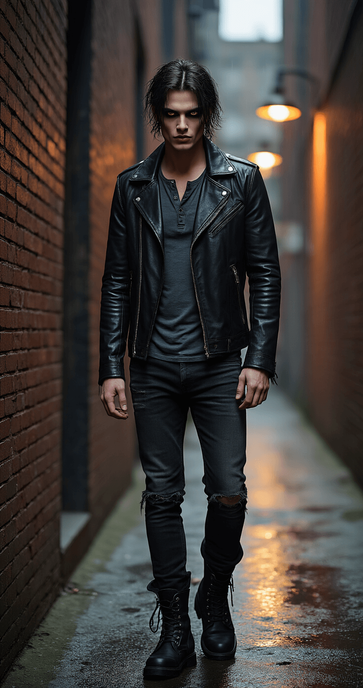A modern vampire-inspired figure stands in an industrial alleyway, wearing a sleek black leather jacket over a fitted charcoal grey henley and dark distressed skinny jeans. Combat boots complete the outfit, while their tousled hair and pale makeup with smoky eye makeup add to the edgy aesthetic. The scene is illuminated by dramatic tungsten street lighting reflecting off the rain-slicked ground, creating moody shadows.