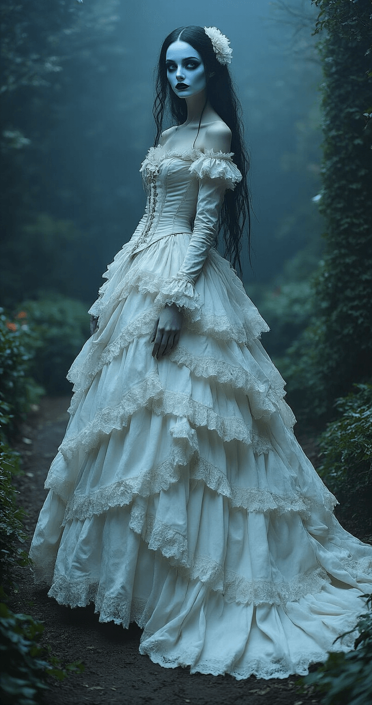 A female model with blue-tinted skin poses in an elaborate, tattered wedding gown inspired by gothic themes, surrounded by a misty moonlit garden. Soft, diffused lighting highlights the intricate textile details, while deep shadows create an ethereal atmosphere reminiscent of Tim Burton's style.