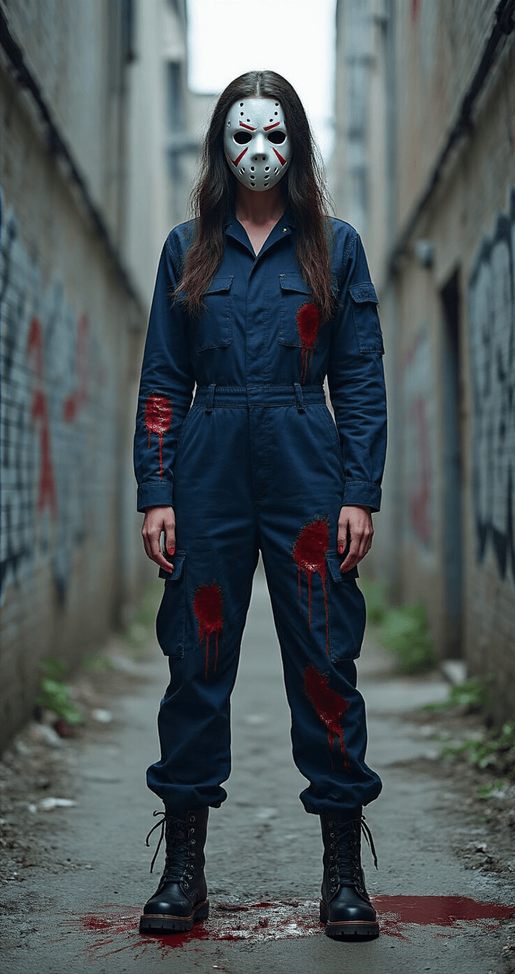 Female model in a navy utility jumpsuit with blood splatters and a minimal white mask, posing in an urban industrial setting with harsh side lighting, embodying a slasher-inspired aesthetic in a gritty documentary-style photograph that highlights costume details and psychological tension.