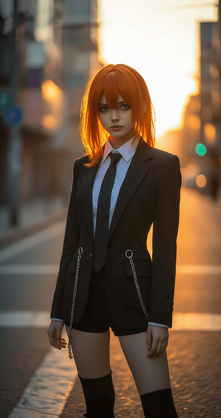A young woman cosplaying as Makima from Chainsaw Man stands confidently at an urban street corner during sunset, wearing a fitted black blazer, a white shirt, and a black tie, her red-orange wig styled perfectly. Soft warm light highlights her pose, complemented by delicate silver chain accessories.