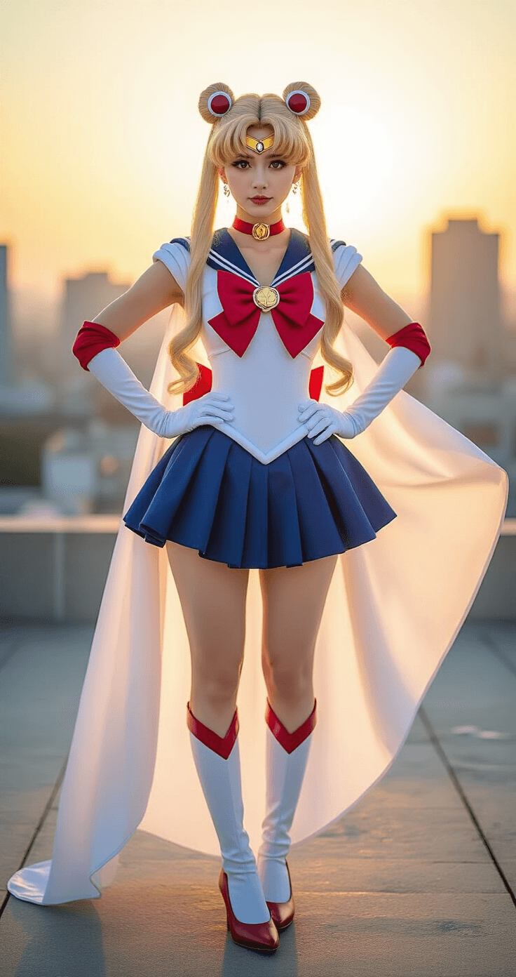 A confident cosplayer in a detailed Sailor Moon costume poses dramatically on an urban rooftop at sunset, with soft light highlighting her blonde wig and flowing cape, capturing the essence of a magical girl transformation.
