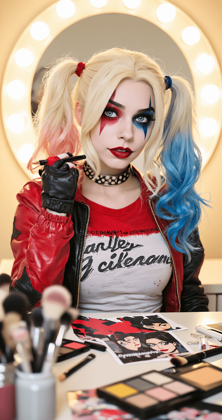 A diverse female cosplayer seated at a vintage vanity mirror, preparing her Harley Quinn costume with a dramatic comic book-inspired eye makeup look, surrounded by makeup brushes and costume pieces, wearing a red and black asymmetrical jacket and a styled blonde and blue pigtail wig, captured in soft ambient lighting.