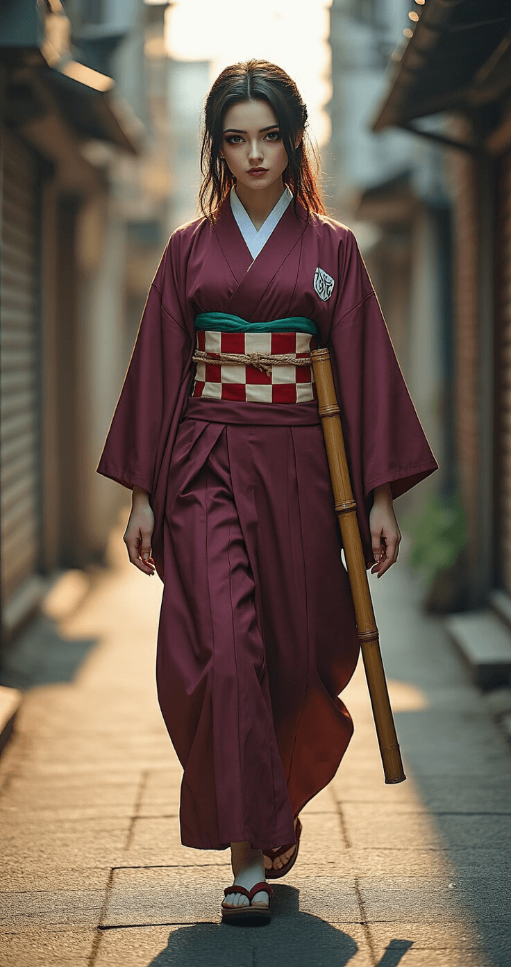 A body-positive cosplayer embodies Nezuko from Demon Slayer, confidently striding through an urban industrial alleyway bathed in warm afternoon sunlight. She wears an authentic burgundy and black kimono with intricate textures, paired with a bamboo tube prop. Her natural makeup highlights an empowered expression, while dynamic movement captures the character's fierce energy. Multiple layers showcase her personal styling interpretation.