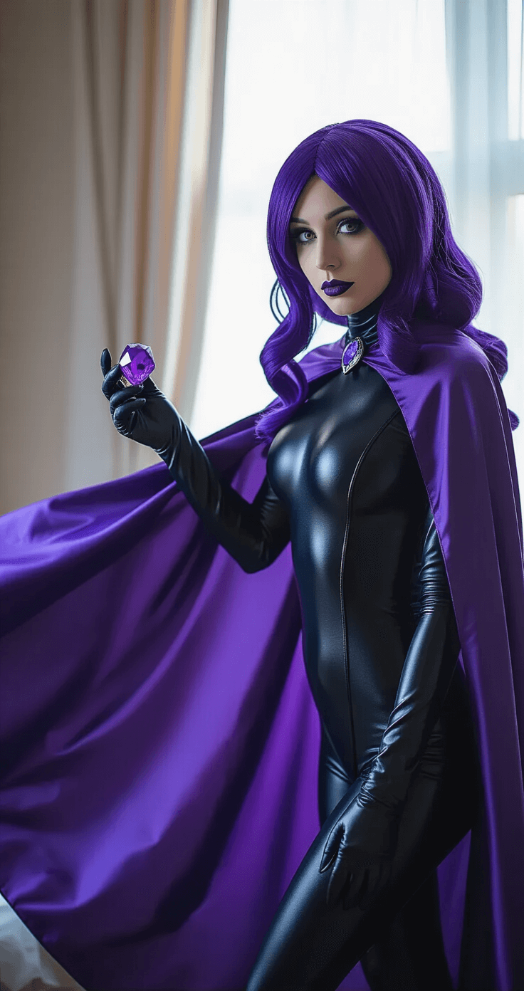 A cosplayer dressed as Raven from Teen Titans poses dramatically in a black bodysuit and flowing purple-blue cape, bathed in soft window light. She holds a prop gemstone, with a precisely styled purple wig, evoking a moody and mysterious atmosphere.