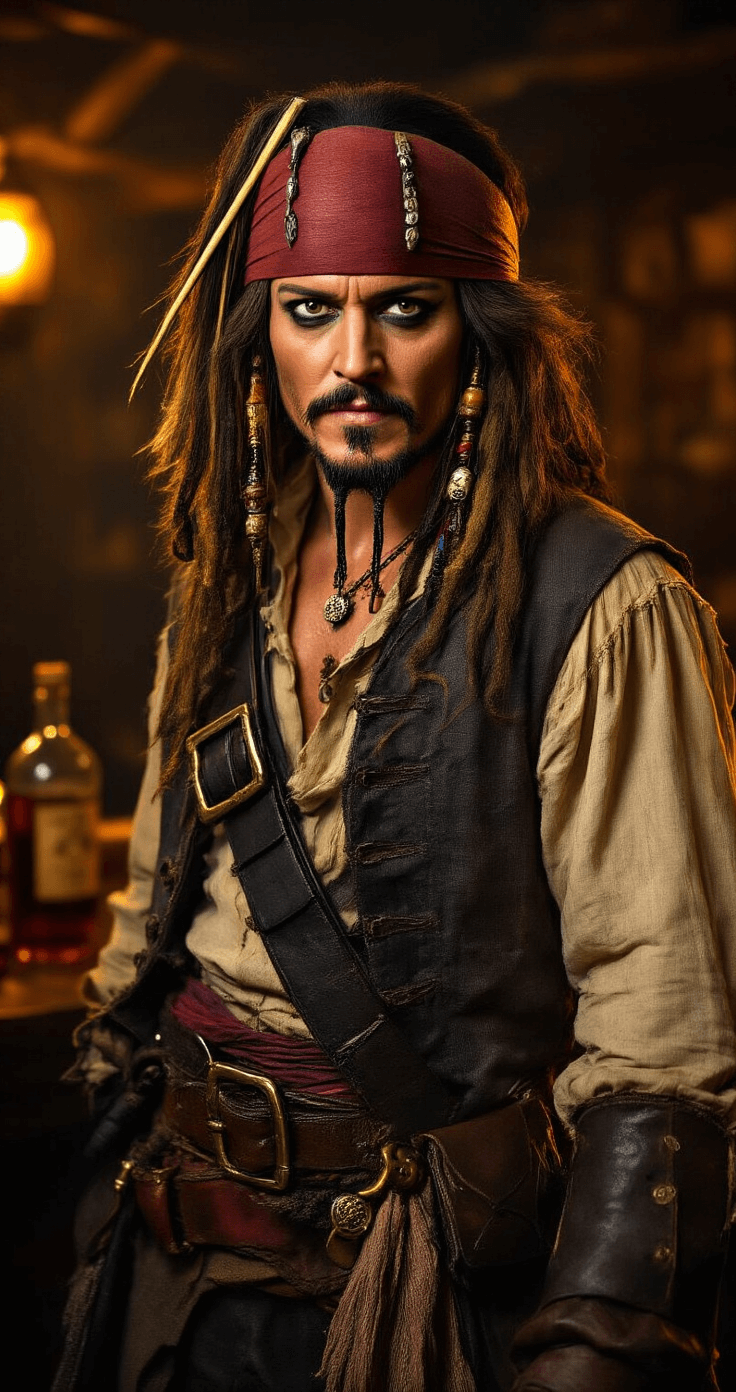 A cosplayer dressed as Jack Sparrow stands in a dimly lit tavern, showcasing an authentically distressed pirate outfit with layered vest and leather accessories, illuminated by warm amber lighting, surrounded by vintage props like aged rum bottles.