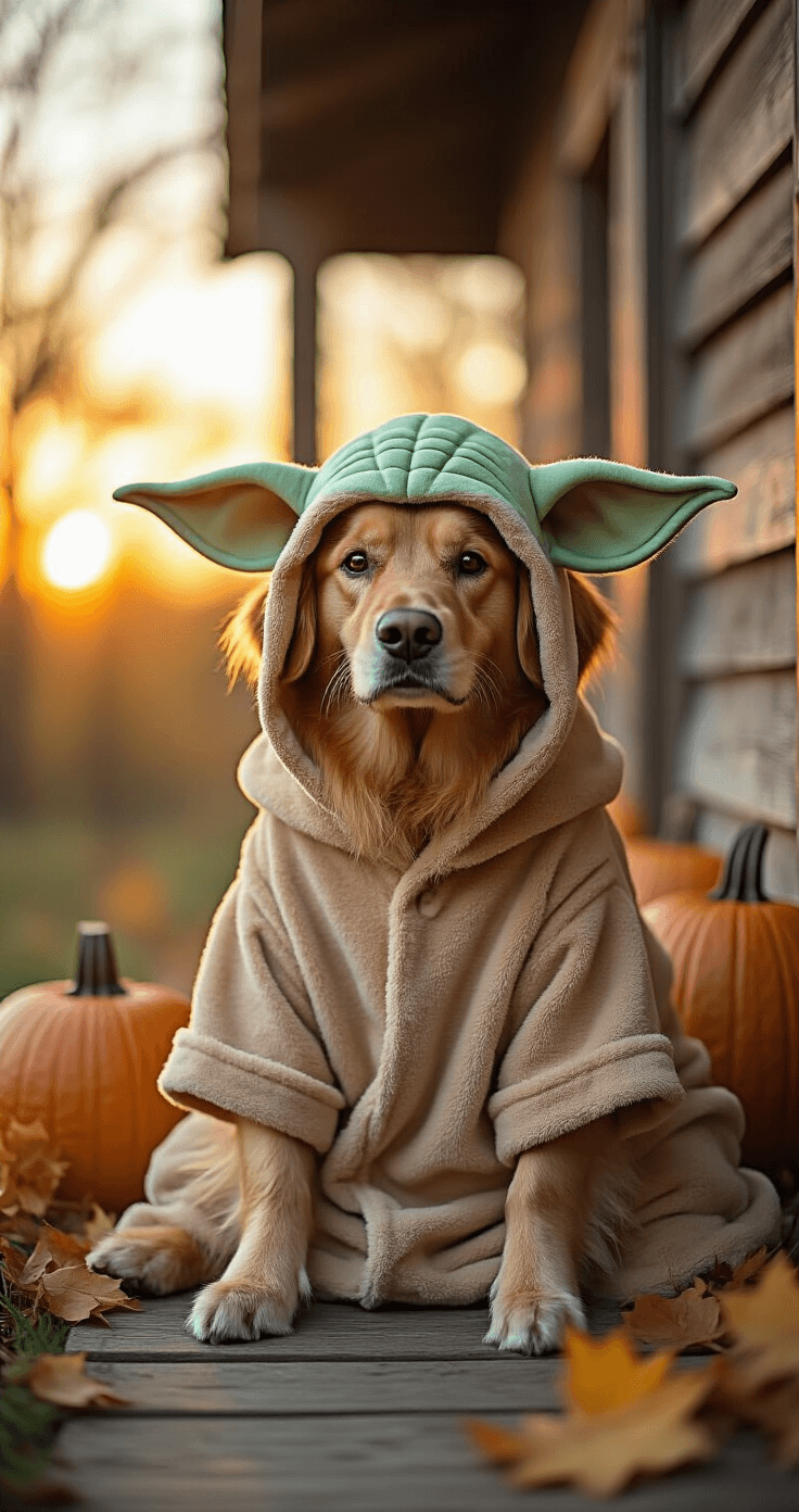 A golden retriever in a detailed Baby Yoda costume sits on a rustic wooden porch at sunset, surrounded by autumn leaves and pumpkins, with warm amber light illuminating its oversized Yoda ears and soft brown robe.