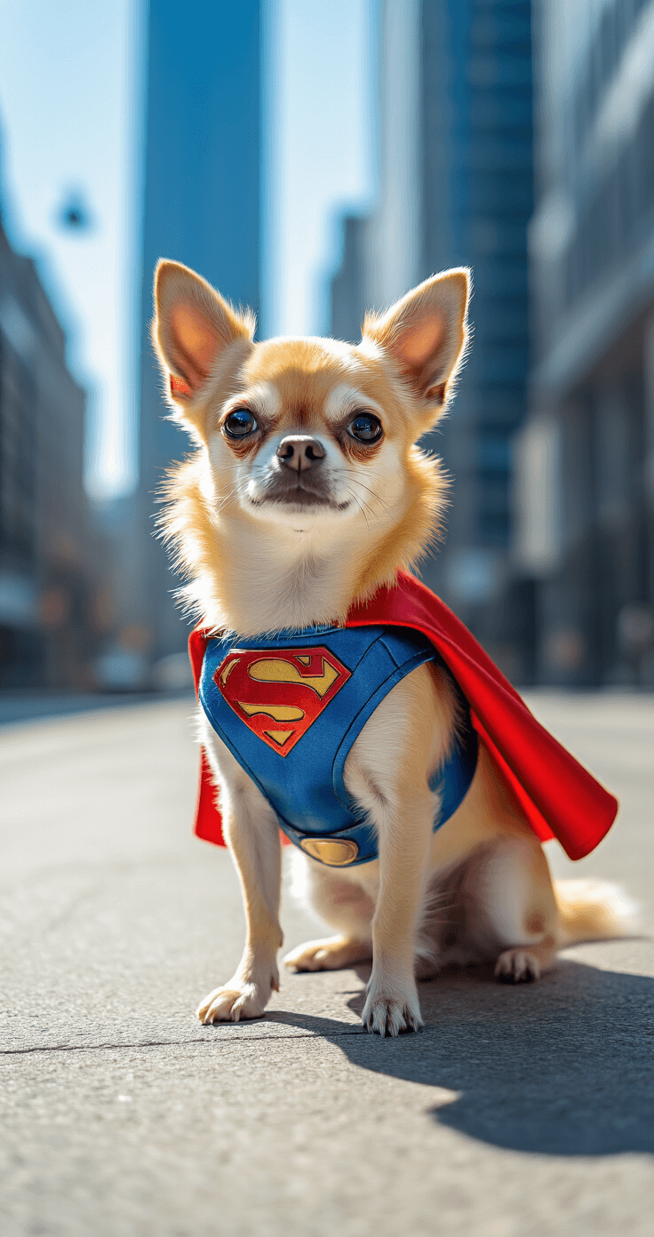 A confident chihuahua in a custom red and blue superhero costume with metallic accents stands on a modern urban street corner, showcasing intricate design details against a backdrop of sleek architecture under midday sunlight.